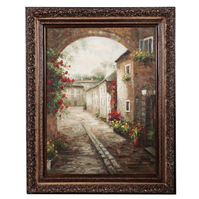 Large-Scale Tuscan Street Scene Oil Painting