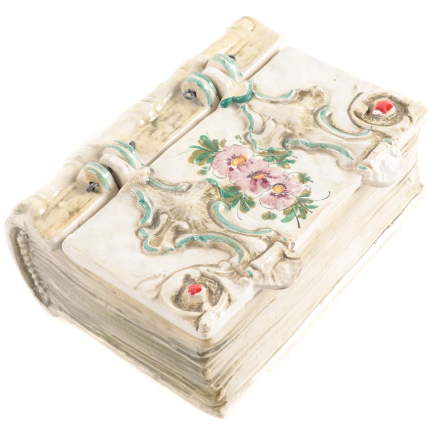 Book Themed Ceramic Box with Floral Design, 20th Century
