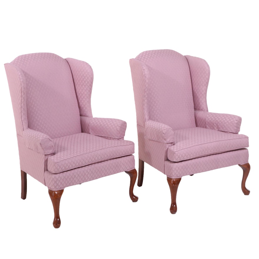 Pair of Broyhill Queen Anne Style Custom-Upholstered Wingback Armchairs