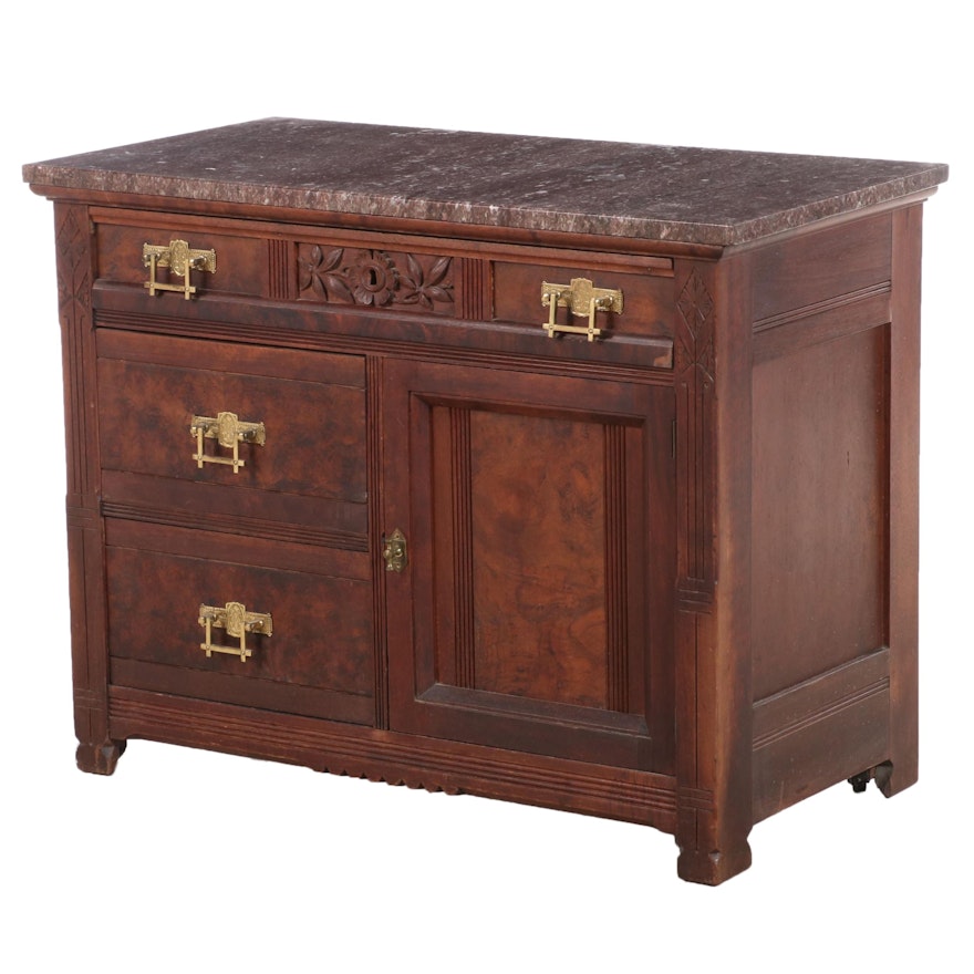 American Aesthetic Movement Walnut, Burl Walnut, and Rouge Marble Washstand