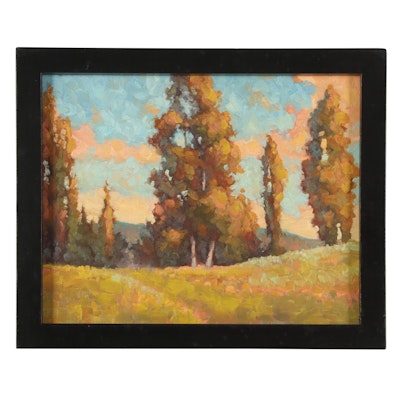 Meghan Louis Landscape Oil Painting of Hillside Trees at Sunset, 2009