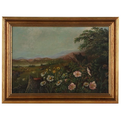 Oil Painting of Bucolic Landscape With Wildflowers