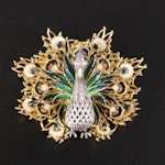 18K Two-Tone Diamond and Sapphire Peacock Brooch