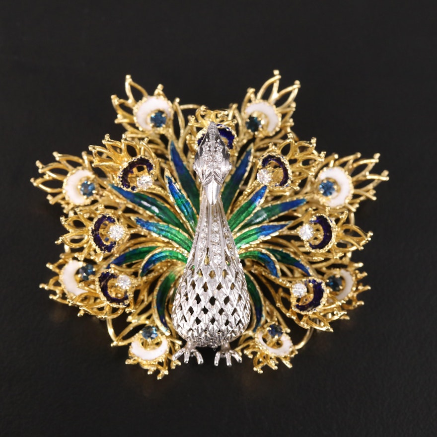 18K Two-Tone Diamond and Sapphire Peacock Brooch