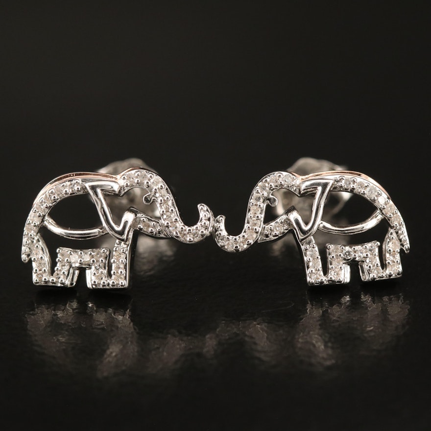 Sterling and Diamond Elephant Stud Earrings