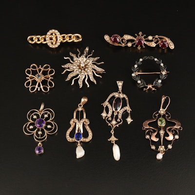 Victorian and Art Nouveau 10K, 14K, 9K and 15K Brooches and Pendants