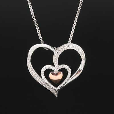 Sterling Diamond Triple Heart Pendant Necklace with 10K Rose Gold Accent