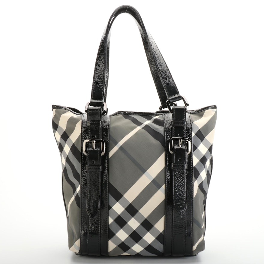 Burberry Small Tote Bag in Nylon Twill Nova Check Plaid and Black Patent Leather