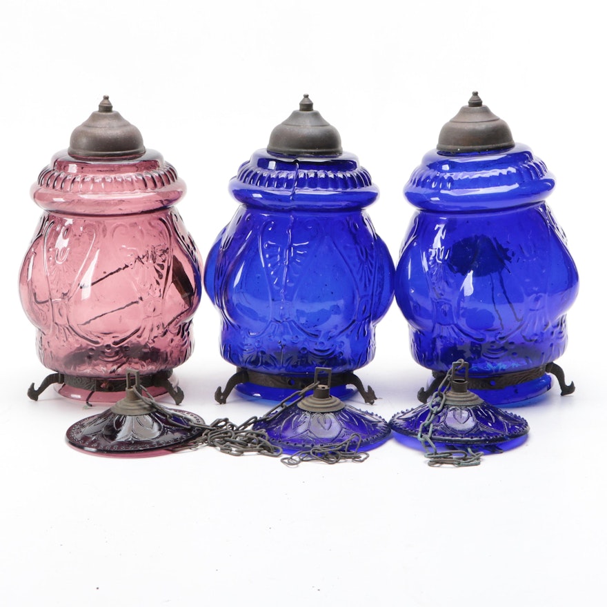 Mold Blown Blue and Amethyst Glass Candle Light Pendant Lamps