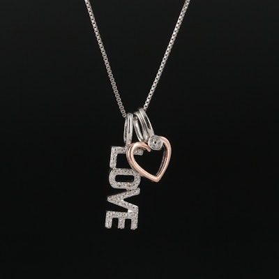 Sterling Diamond, 'Love' and Heart Pendant Necklace with 10K Rose Accent