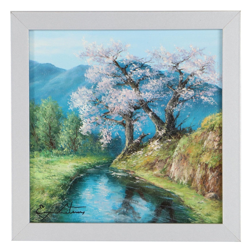 Jevgenijus Litvinas Landscape Oil Painting "Sakura," 2022