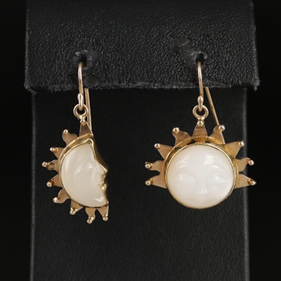 14K Carved Mother-of-Pearl and Chalcedony Sun and Moon Earrings