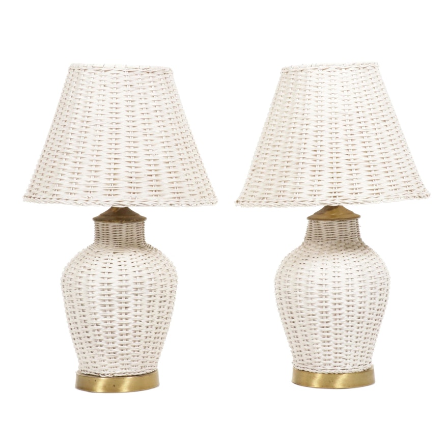 Pair of White Painted Wicker Weave Rattan Table Lamps, Mid-20th Century