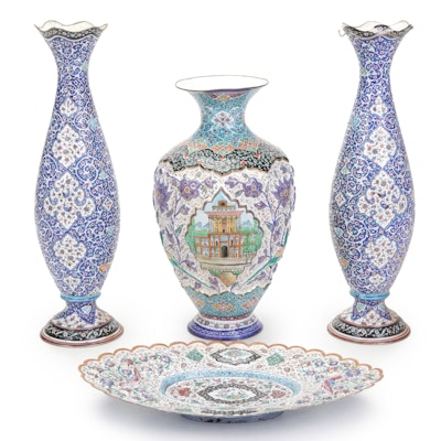 Persian Minakari Enameled Vases and Tray