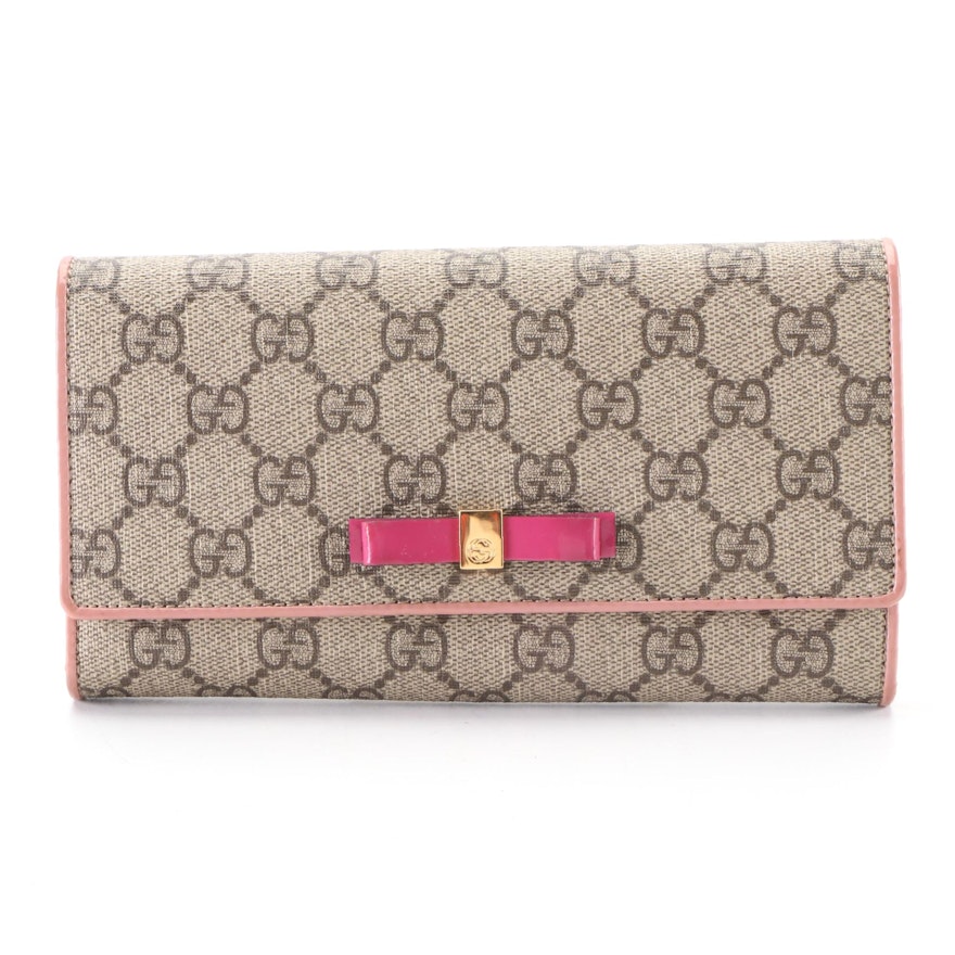 Gucci Long Wallet in GG Supreme Canvas with Pink Bow Detail and Box