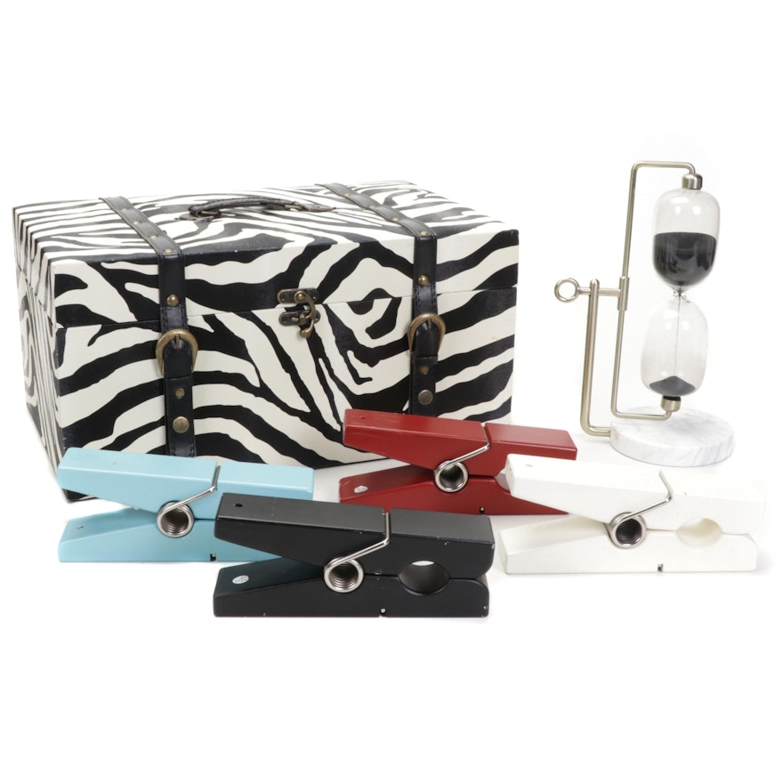 Zebra Print Studded Trunk with Black Sand Hour Glass and Oversized Clothes Pins