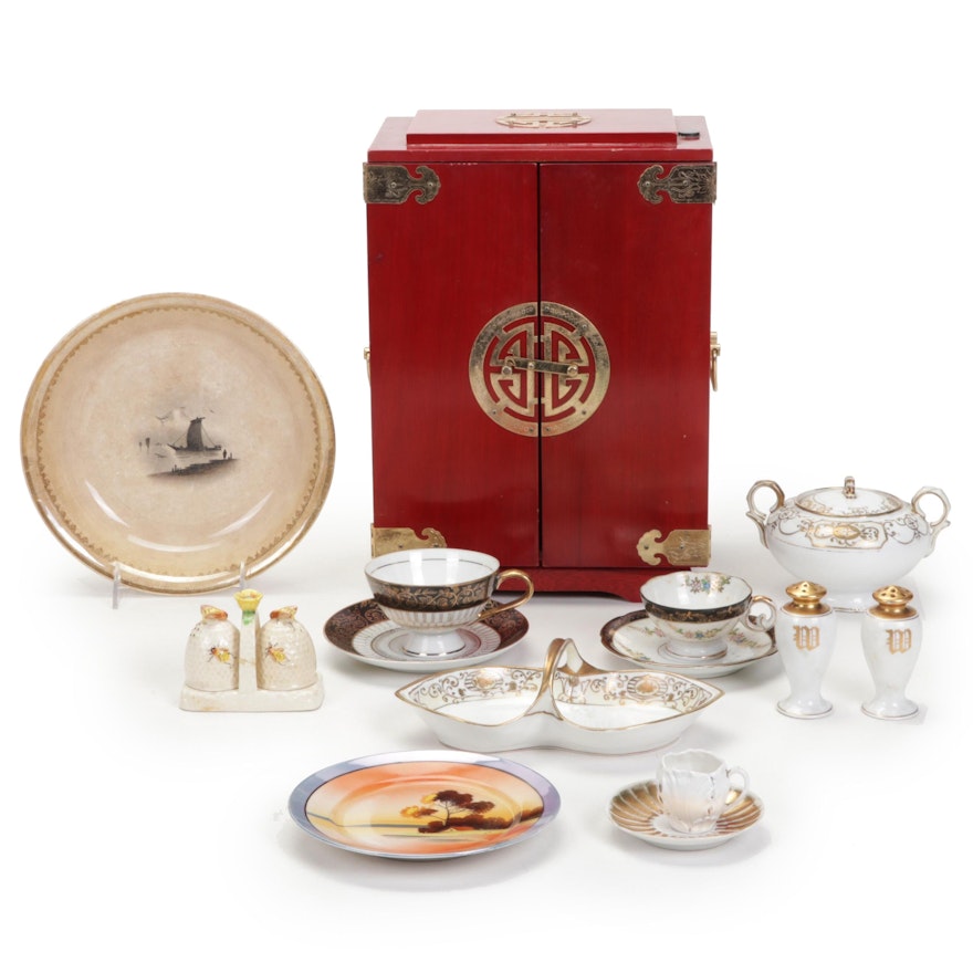 Crimson and Brass Asian Style Jewelry Box with Nippon, Marutomoware and More