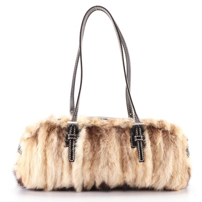Fendi Small Zip Bauletto Shoulder Bag in Weasel Fur and Brown Leather