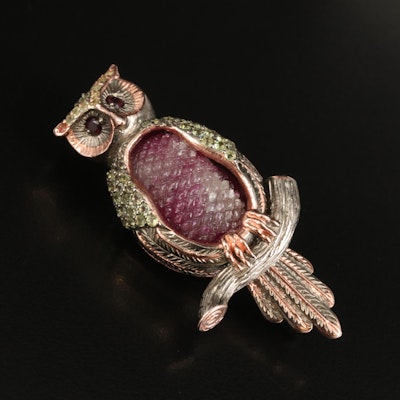 Sterling Sapphire, Garnet and Calcite Owl Brooch