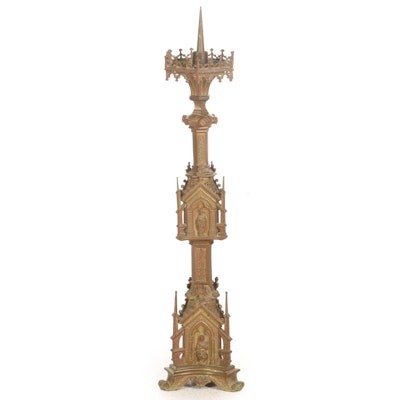 Gothic Revival Cast Brass Church Pricket Floor Candlestick, Late 19th Century