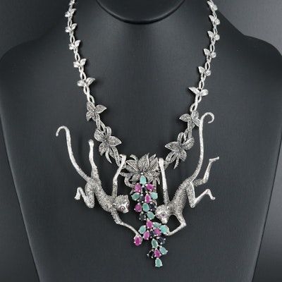 Sterling Marcasite, Emerald and Ruby Flora and Monkey Necklace