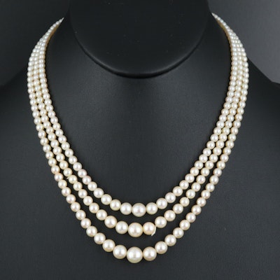Graduated Triple-Strand Pearl Necklace with 14K Clasp