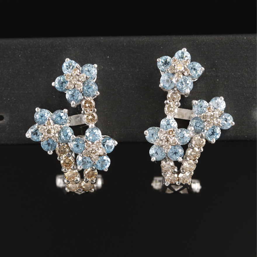 18K Sky Blue Topaz and Diamond Flower Earrings