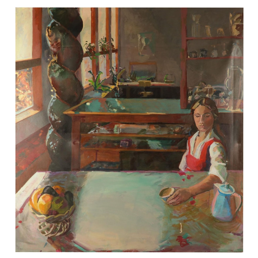 Portrait Oil Painting of Woman Seated at Kitchen Counter, Mid-Late 20th Century