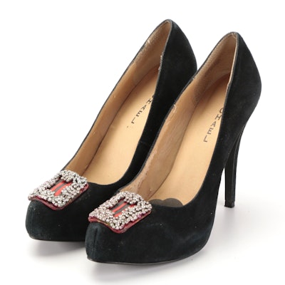 Michael Black Suede Pumps Modified with Prong-Set Rhinestone Embellishment