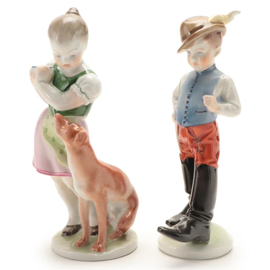 Herend Tom Thumb and Girl with Dog Porcelain Figurines