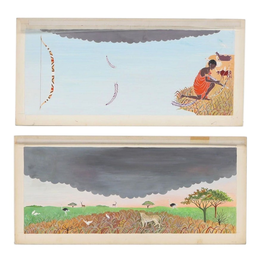 Beatriz Vidal Gouache Paintings of African Landscape and Hunter