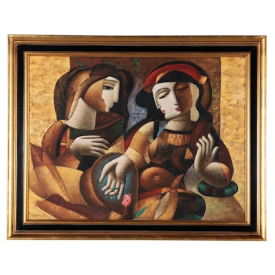Ellzey Large-Scale Cubist Style Oil Painting of Couple, Late 20th Century
