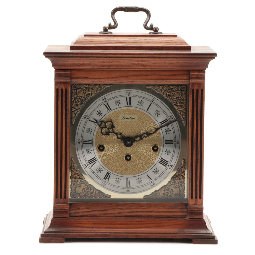 Linden Walnut Cased Eight-Day Westminster Chime Mantel Clock, Late 20th Century