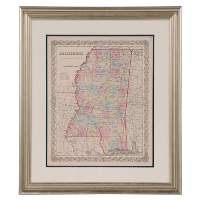 J. H. Colton & Co. Hand-Colored Engraving Map "Mississippi," 1856