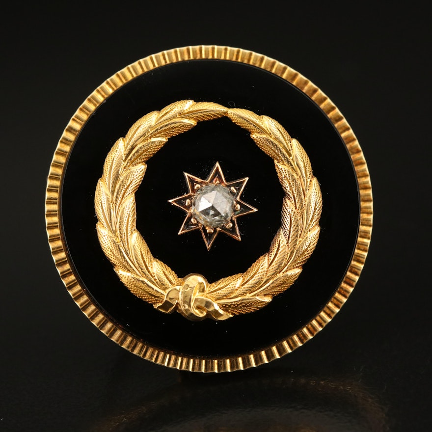 Victorian 14K Diamond and Onyx Brooch with Laurel Wreath Accent