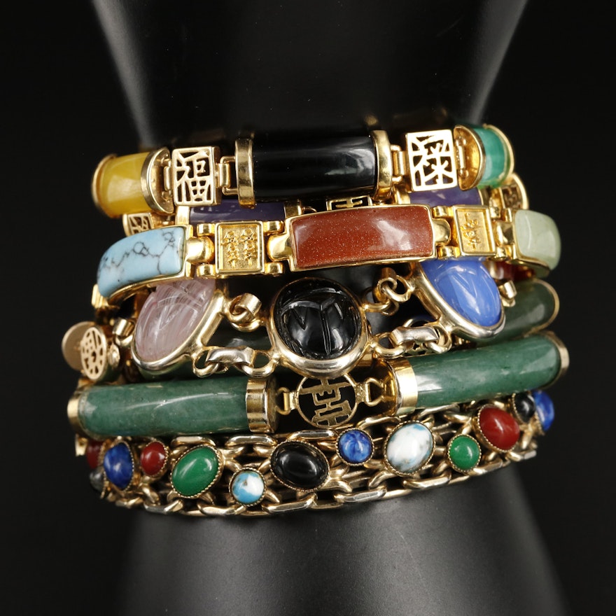 Bracelets Including Jadeite, Tiger's Eye and Chinese Characters