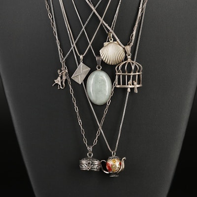 Sterling Necklaces Including Diamond, Jadeite, Italian and Fluted Shell Locket