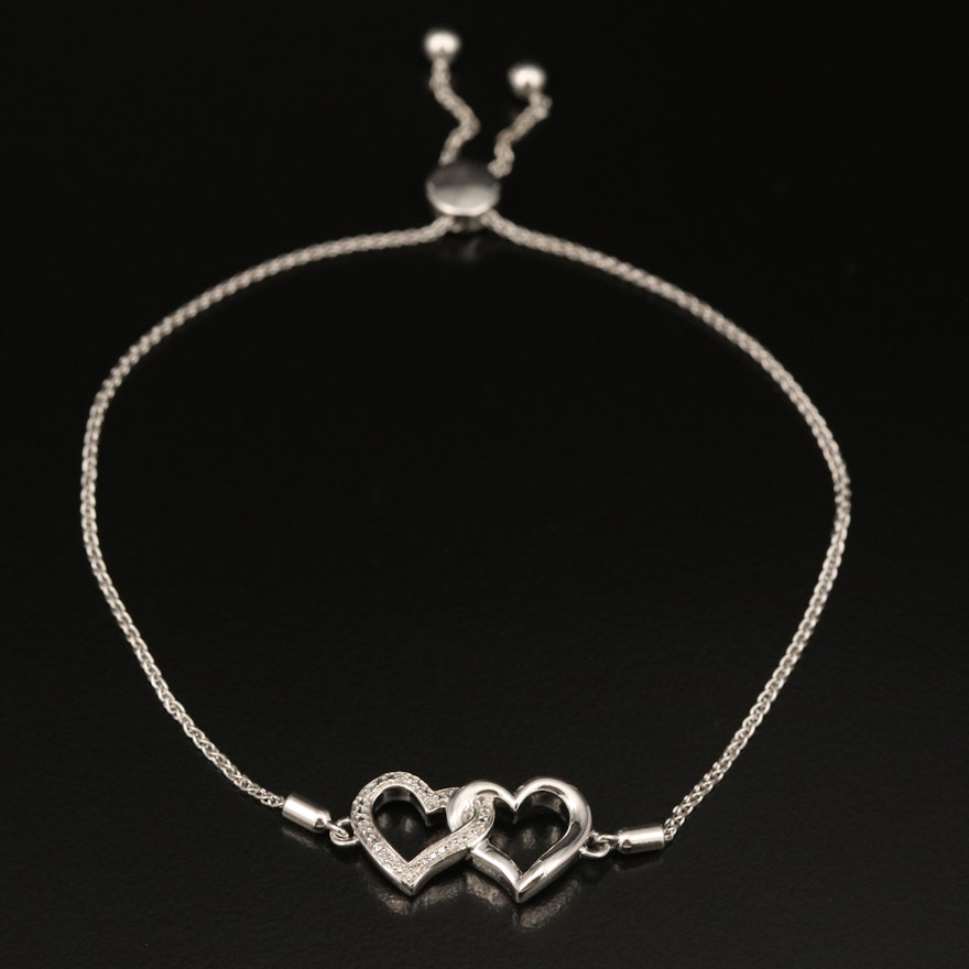 Sterling Diamond Double Heart Bolo Bracelet