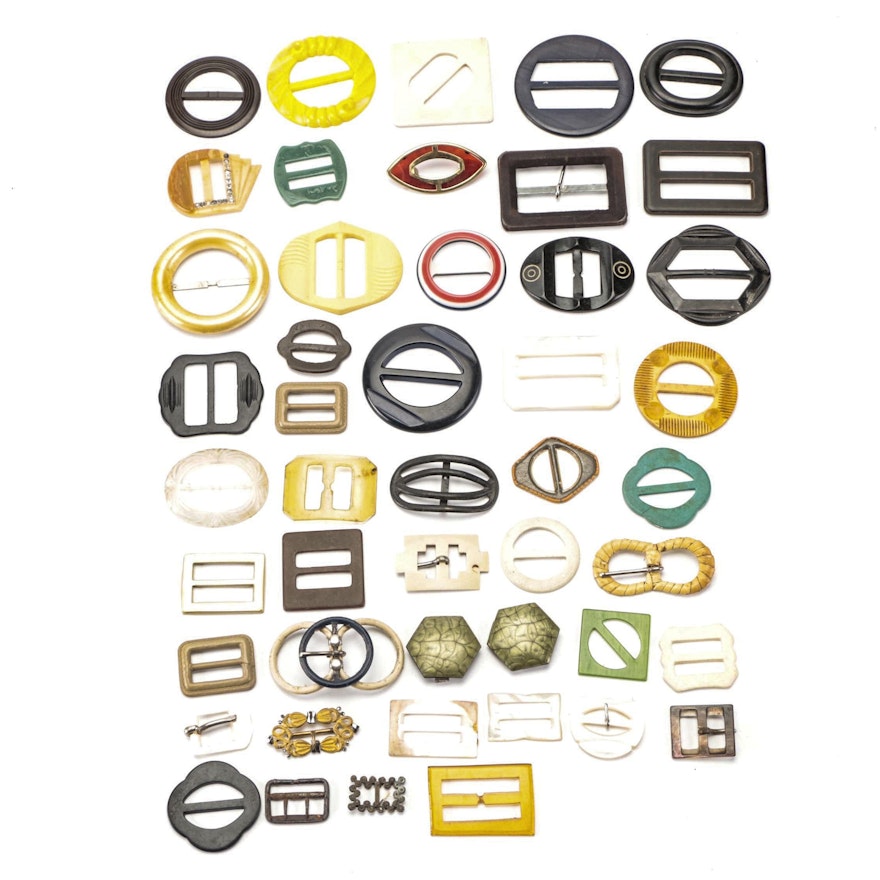 Belt Buckle Collection Including Celluloid, Metal, and More