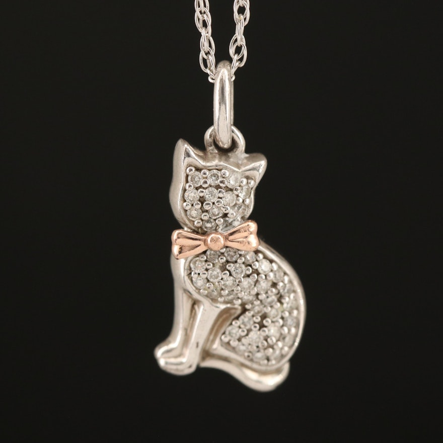 Sterling and Diamond Sitting Cat Pendant with 10K Rose Accent