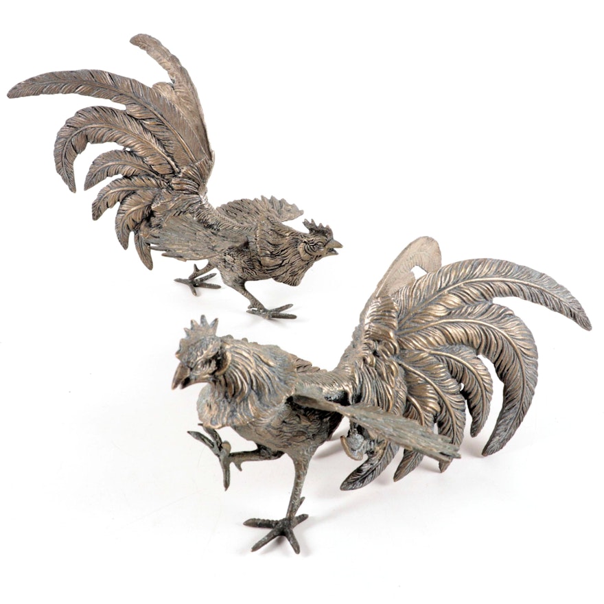 Silver Finished Metal Fighting Rooster Figurines, 20th Century