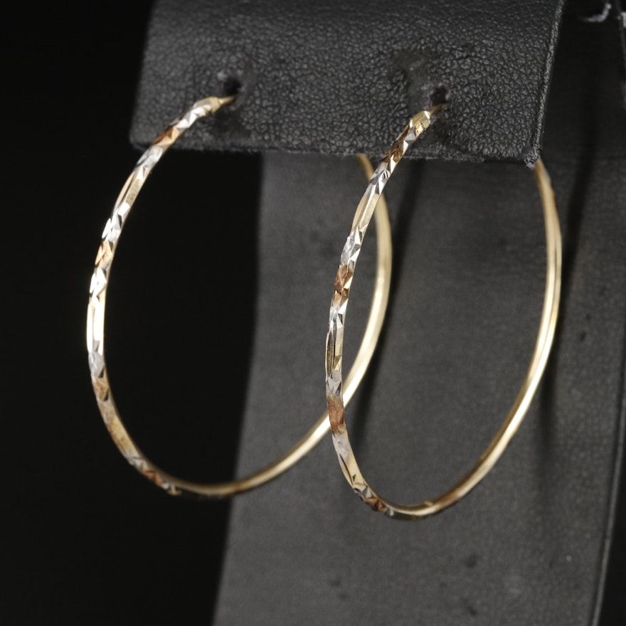 14K Two-Tone Textured Large Hoop Earrings