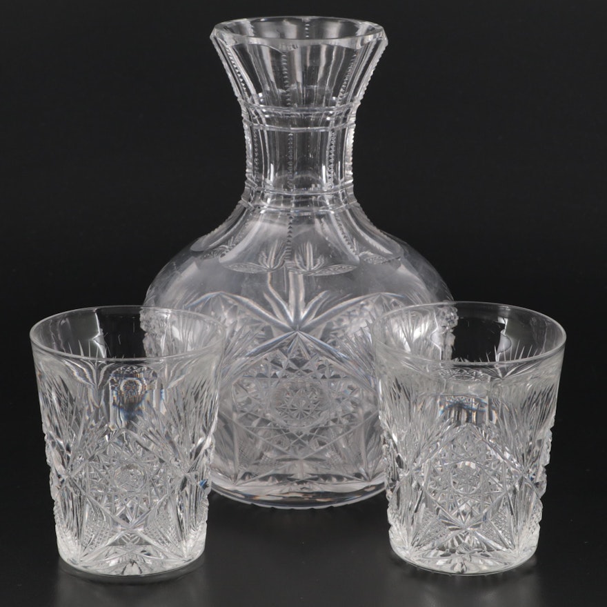American Brilliant Style Hobstar Cut Crystal Carafe and Glasses, 20th Century