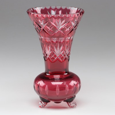 Bohemian Style Footed Ruby Cut to Clear Glass Vase