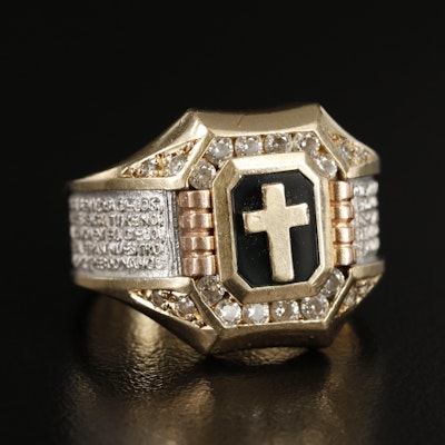 14K Lord's Prayer in Spanish Cross Ring with Rose Gold Detail