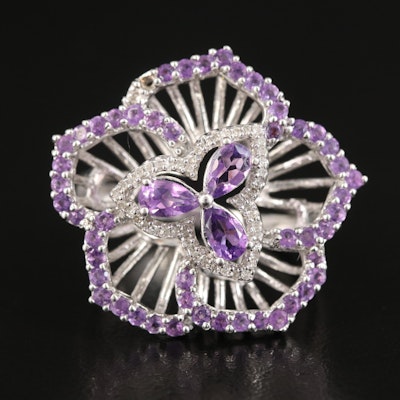 Sterling Amethyst and Diamond Flower Ring
