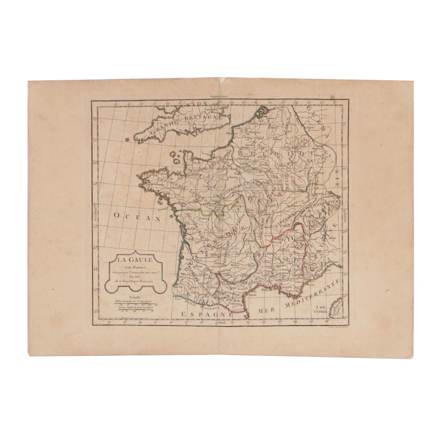 Charles-François Delamarche Hand-Colored Engraving Map "La Gaule," Circa 1795