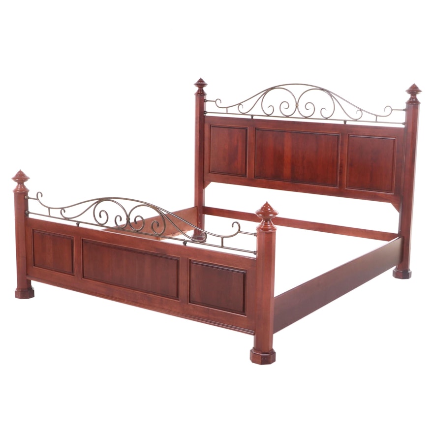 Hand-Crafted Cherry Raised-Panel and Wrought Iron Bed in King Size