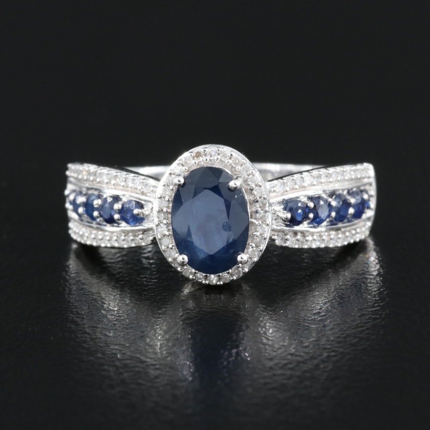 Sterling Sapphire and Diamond Halo Ring