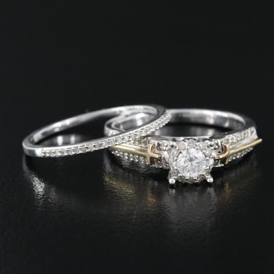 Sterling and Diamond Ring Set with 14K Cross Accents